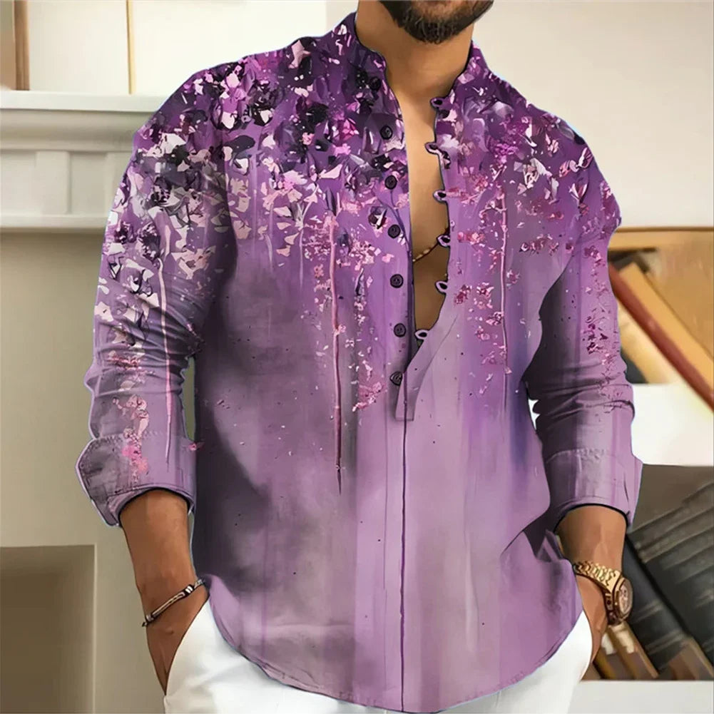 Men Long Sleeve Button-Down Shirt Blouse Loose Henley V-Neck Beach Tops T Shirts