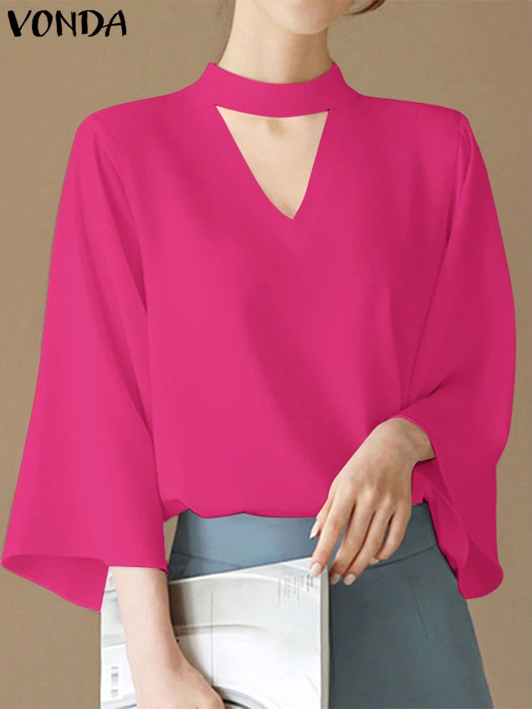 VONDA Plus Size Fashion Blouse Women Elegant OL Shirts Casual Hollow Out V Neck Solid Color Tunic Tops 3/4 Sleeve Blusas 5XL
