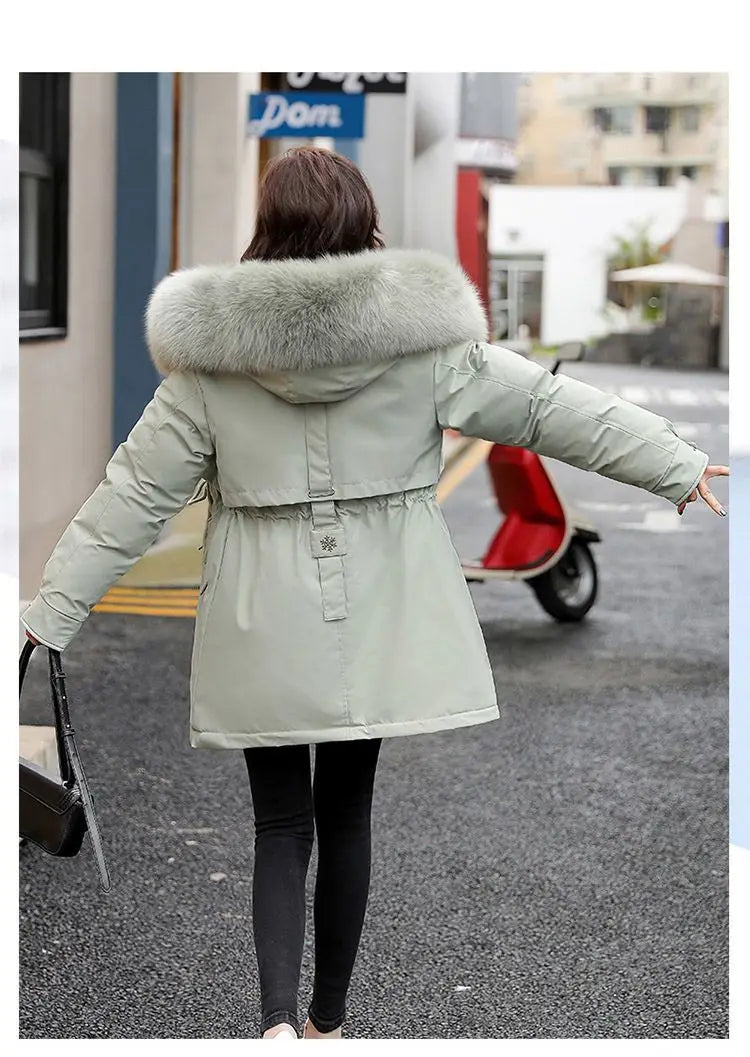 2025 Winter New Korean Edition Loose Thicken Cotton Jacket Women's Big Fur collar Hooded Coat Female Casual Warm Parker Overcoat