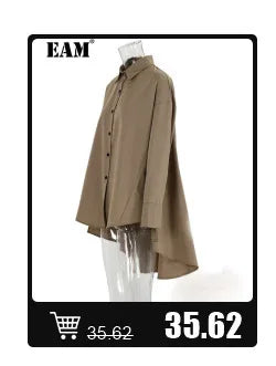 [EAM] Women Beige Irregular Hem Buckle Long Elegant Blazer New Lapel Long Sleeve Jacket Fashion Tide Spring Autumn 2025 CPDB133