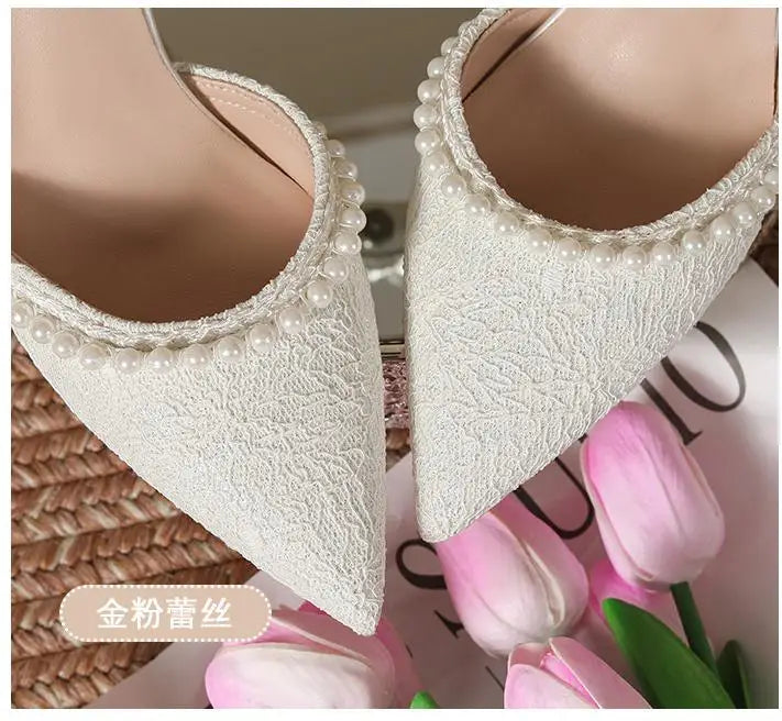 Size 30-44 Pearls Strap High Heels Lace Women White Wedding Shoes Stiletto Heel Point Toe Bride Bridesmaid