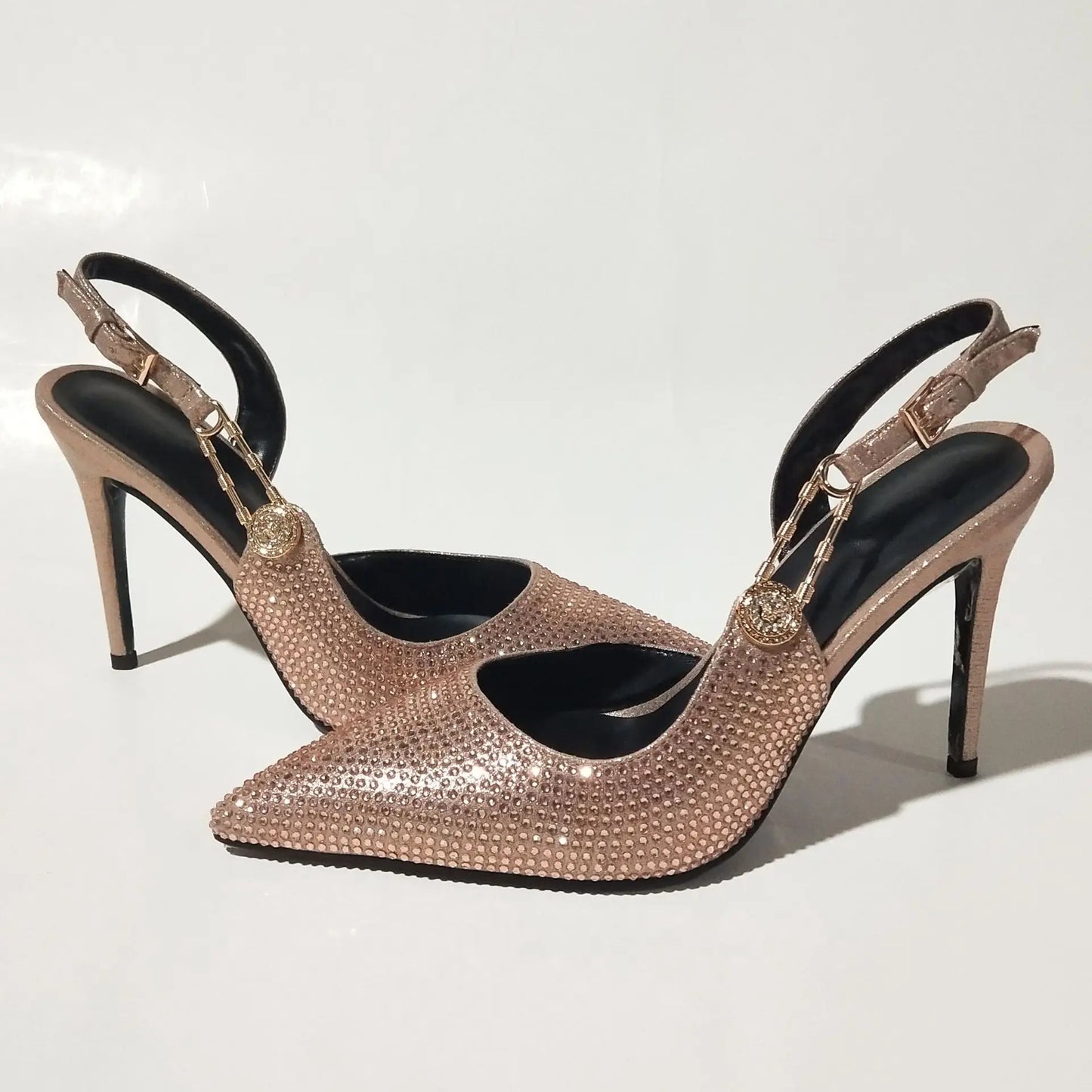 2025Women's Sexy Silk Rhinestone Pumps Belt Buckle Back Hollow Pointed Toe Thin Heel Sandals Pumps Female High Heels Party Shoes