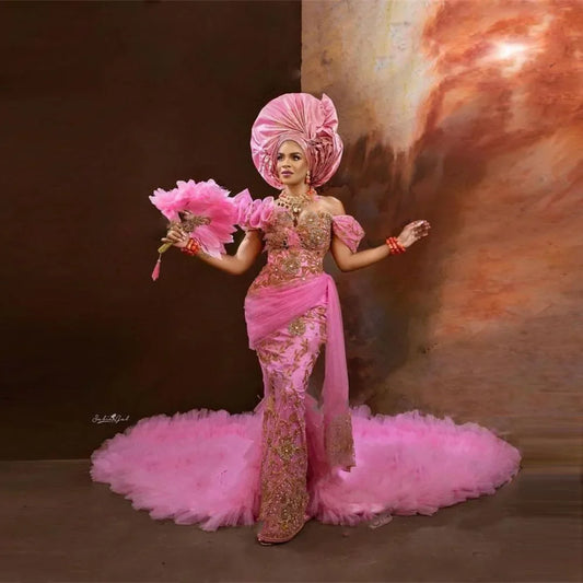 African Off The Shoulder Bead Evening Dress Long Overskirt Asoebi Pink Evening Dresses Luxury Nigerian Evening Gowns Crystals