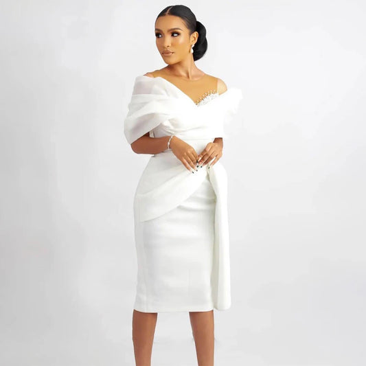 Short Wedding Dress White Off the Shoulder Sheath/Column Wedding Gown for Women 2023 Bride Knee Length Beaded Simple Bridal Gown