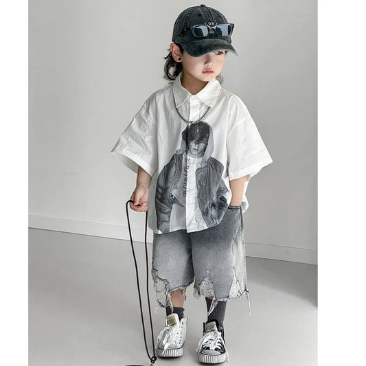 Boys' Sets Button Shirts Denim Shorts Two-piece Summer Suits 2025 New Korean Handsome Children's Street Hole Jeans Suits
