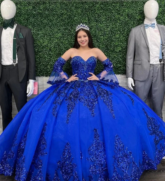 ANGELSBRIDEP Customized Royal Blue Sequined Ball Gowns Quinceanera Dresses Trumpet Sleeves Birthday Party Vestidos De Xv Años