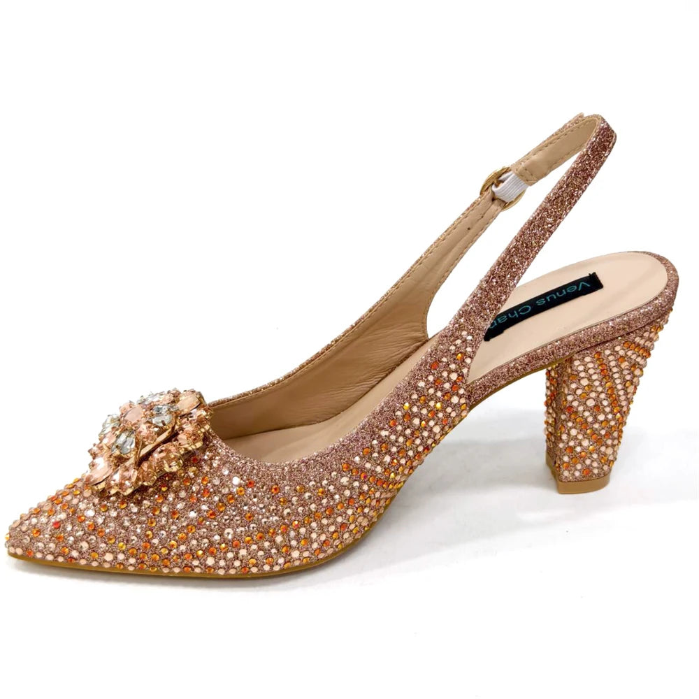 Venus Chan Nigerian Women Heel Party Ladies Italian Design Shoes And Bag Set Decorated with Rhinestone Handbag Wedding Party
