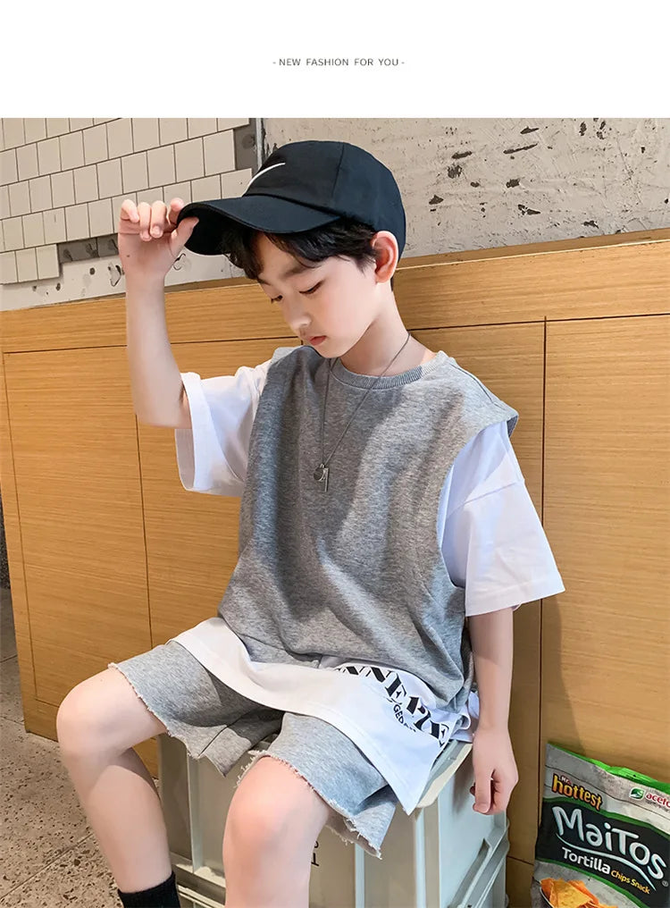 Summer Children Boy Clothes Set Kid Faux Two-piece Letterr Printed Tshirts and Shorts 2 Pieces Suit Teenage Top Bottom Outfits