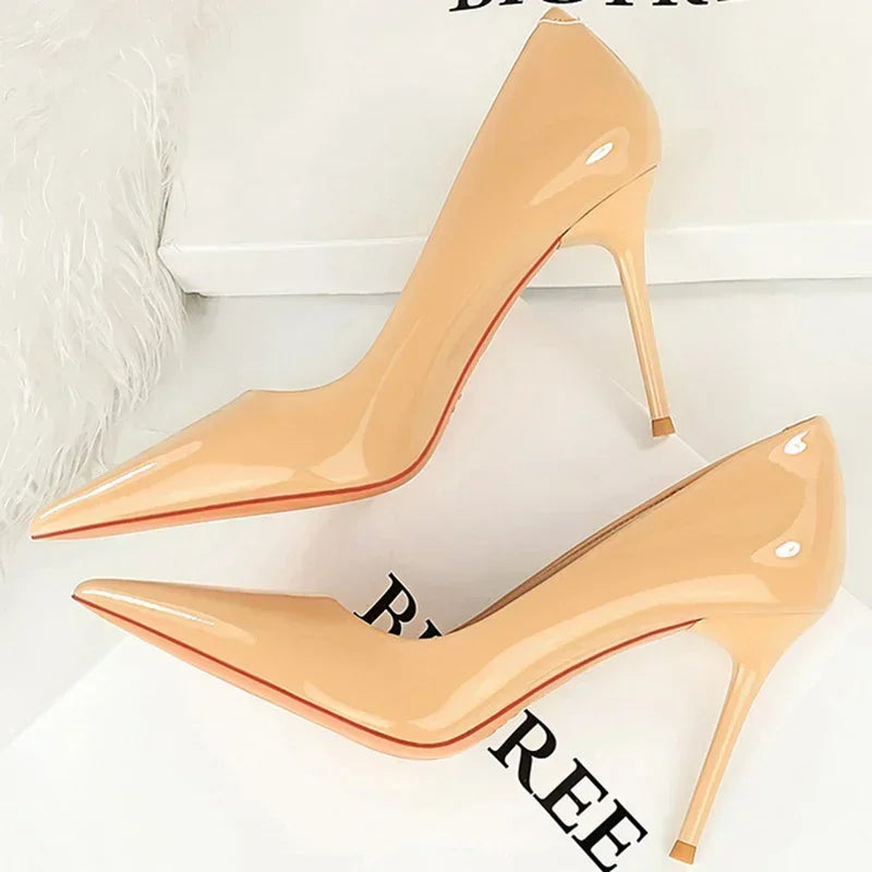 Women 7cm High Heels Career Temperament Work Pumps Lady Stiletto Heels Glossy Leather Fetish Royal Blue Nude Party Concise Shoes