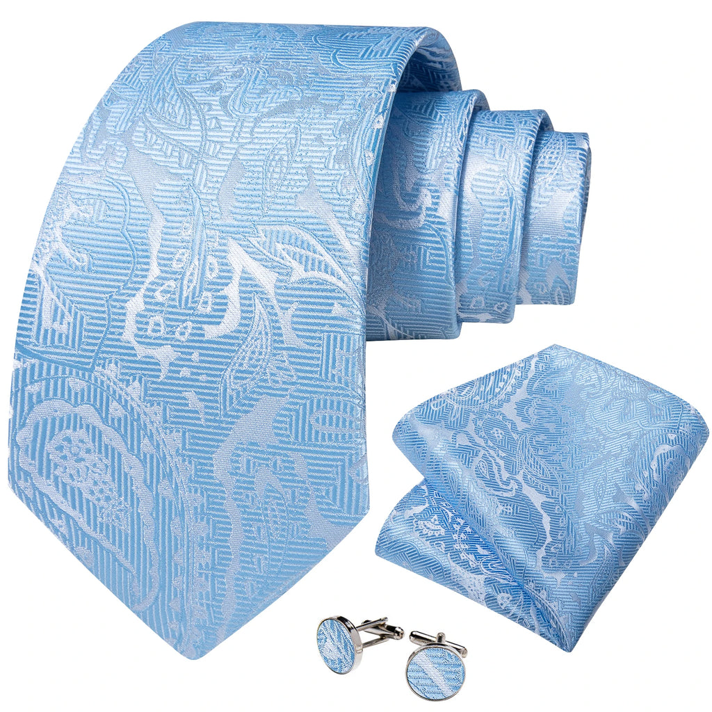 Light Blue Men's Tie Set Handkerchief Cufflinks Solid Paisley Floral Wedding Party Formal Groom Suits Accessories Gift Husband