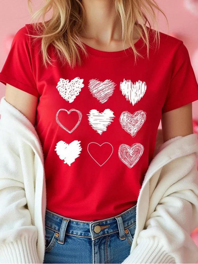 Red Heart Printed Women T-Shirts Fashion Streetwear Short Sleeve Tee Clothing Casual Soft Women Tops Valentine's Day T-shirt