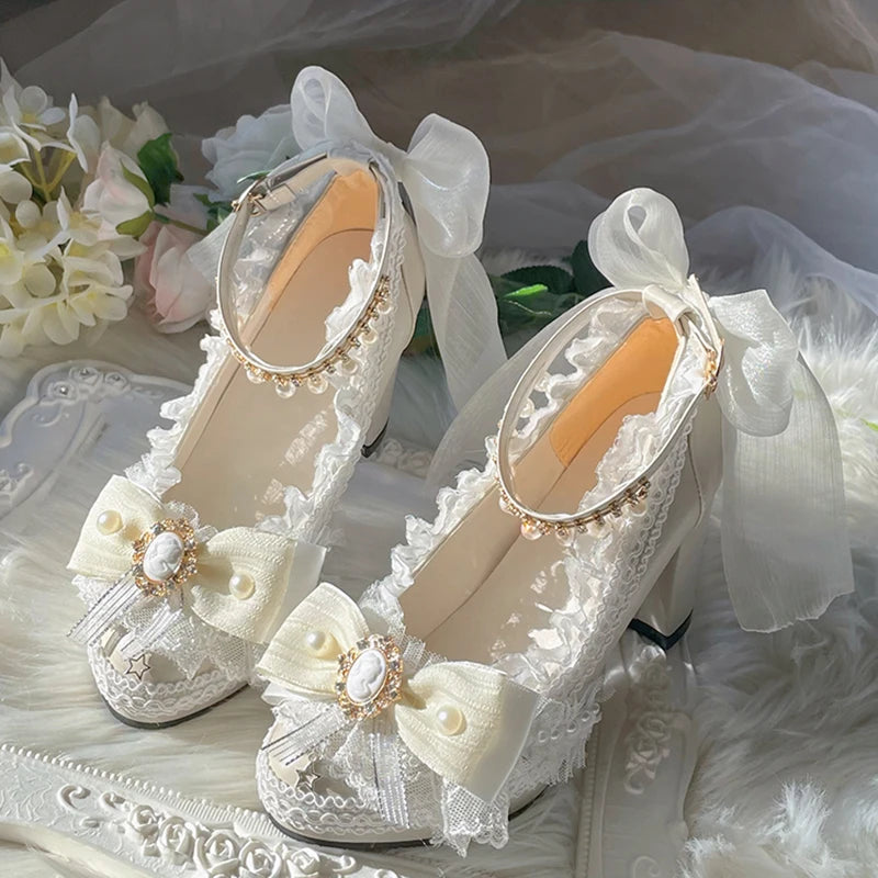 Original Handmade Lolita High Heels Heavy Industry Feather Stitching Pearl Bow Lace Platform Shoes Round Head Princess Heels