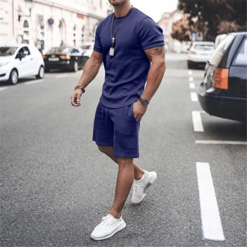 Solid Color Europe and The United States Men's 13 Color Summer New Short Sleeve Tshirt +Shorts 2pcs Set Leisure Sports Men Suit