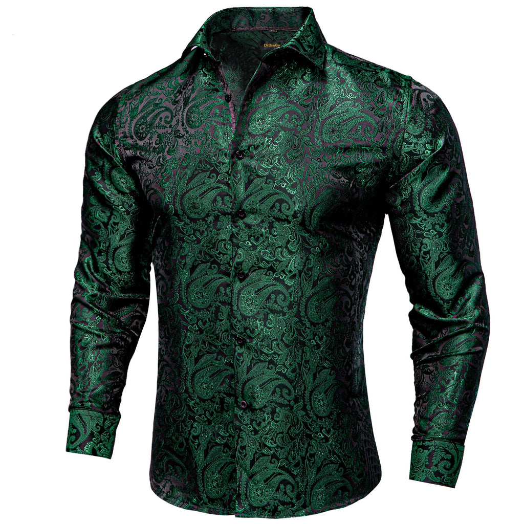 DiBanGu Silk Polyester Dress Shirts for Men Black Solid Paisley Red Silver Long Sleeve Turn Down Collar Prom Social Men's Shirt