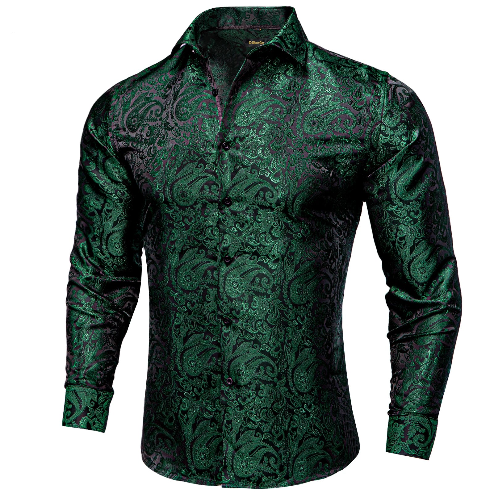 DiBanGu Silk Polyester Dress Shirts for Men Black Solid Paisley Red Silver Long Sleeve Turn Down Collar Prom Social Men's Shirt
