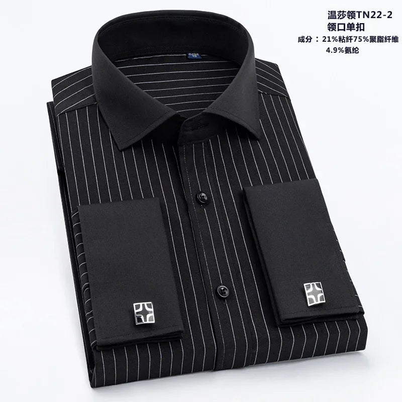 Spring Autumn Men's French Cufflinks Business Dress Shirt Sleeve Pin Solid Color Non-iron Shirts Slim Fit Party Men's Wear