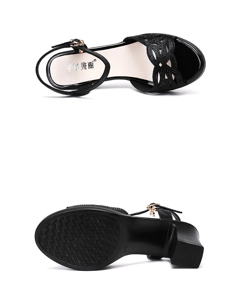 Small Size 32-43 Elegant Rhinestone Black Office Work Mom Shoes Women's Platform Sandals 2025 Summer Med Block Heels Sandals