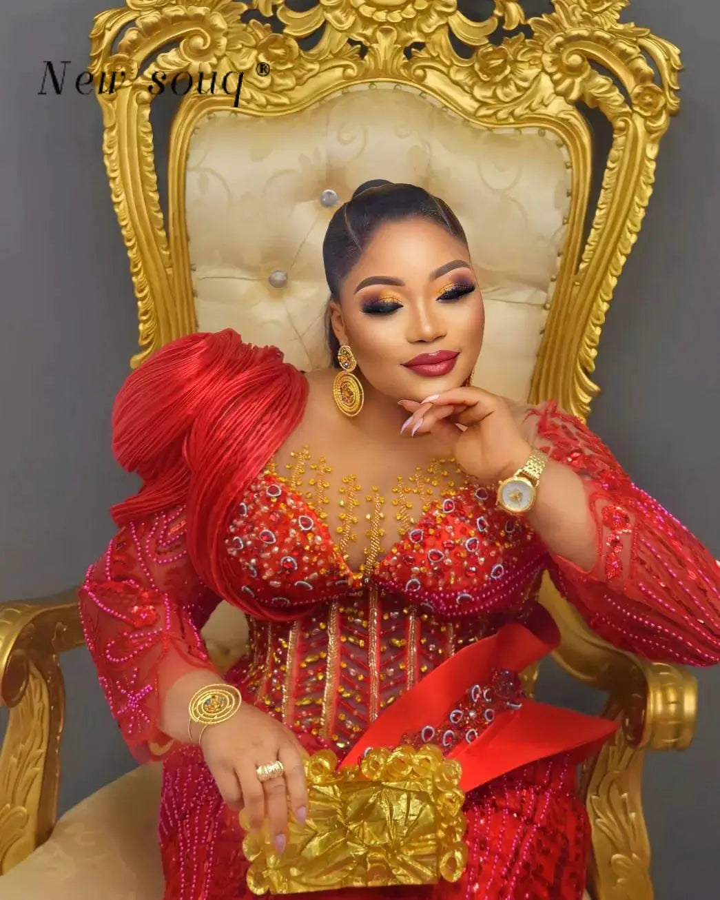 Plus Size Red Long Sleeves Mermaid Evening Dresses Sparkly Crystals Beaded African Wedding Reception Party Gowns Customized