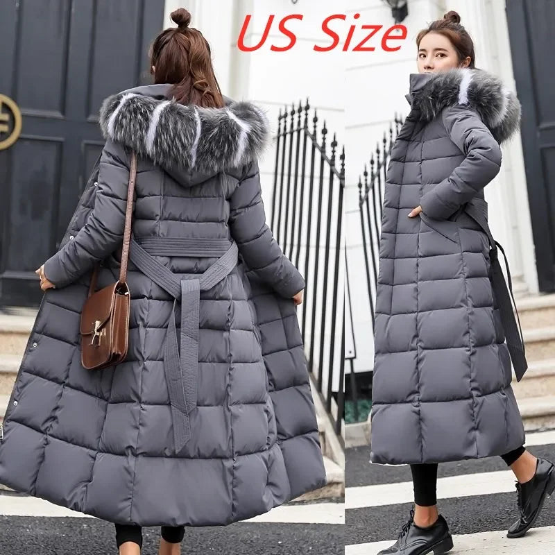 2025 Winter Women's Jacket Warm Fashion Comfortable Bow Belt Fox Fur Collar Clothes Long Dress Office Casual Women's Thick Coat