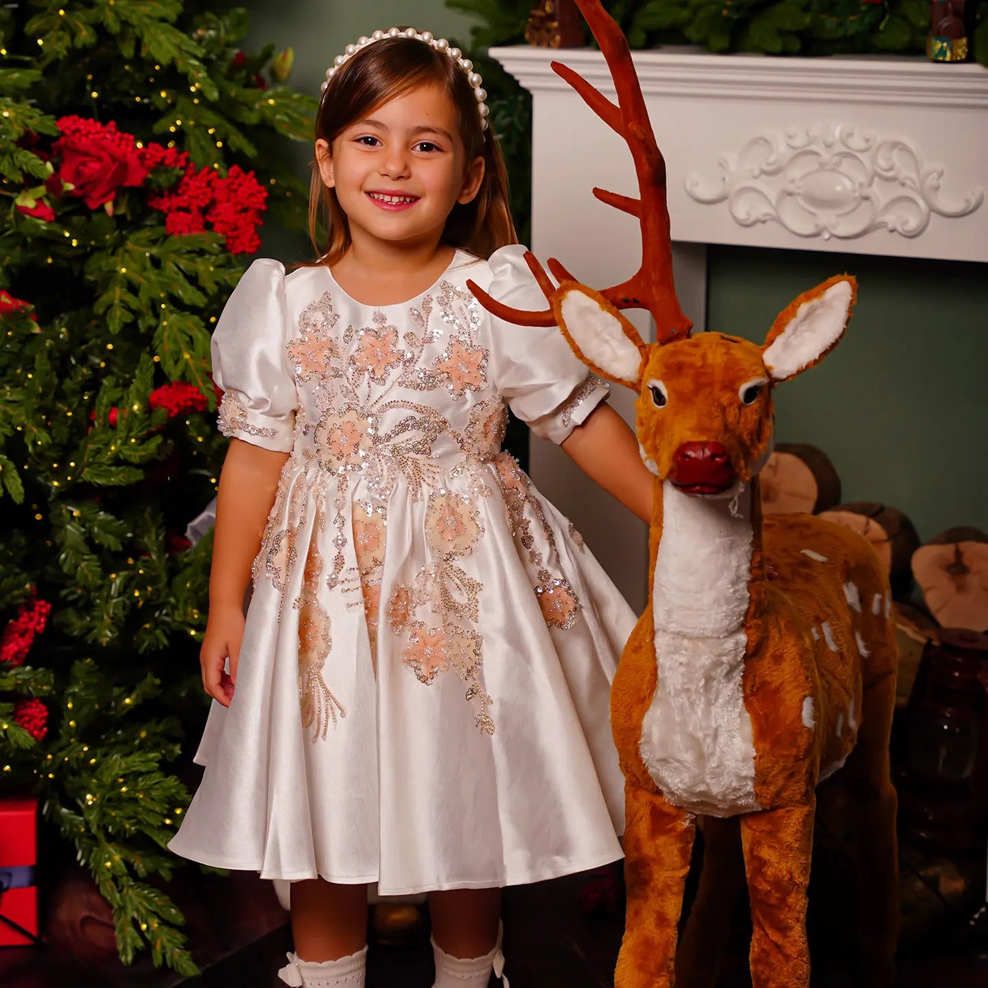 Jill Wish Luxury Off White Flower Girl Dresses Dubai Beading Sequined Princess Gown for Kids Wedding Birthday Party Pageant J085