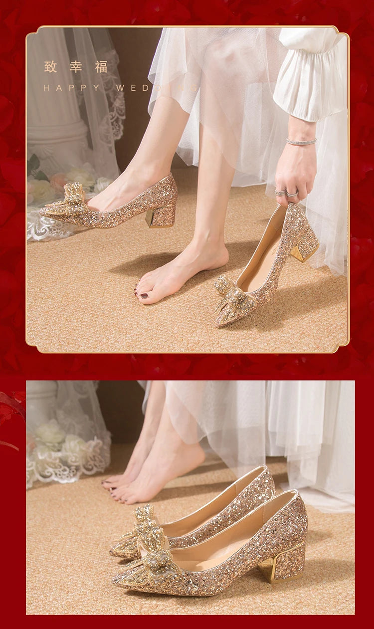 Wedding Shoes for Women 2024 Brand Fashion Women's High Heels Summer Pointed Toe New Crystal Butterfly-knot Bride Shoes