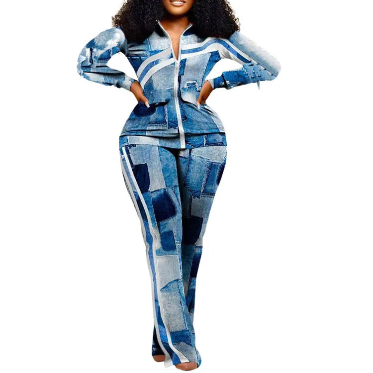 2023 Women Print Zipper Stand Collar Sheath Tops Two Piece Sets Full Sleeve Casual Long Straight Pants Set Autumn Winter