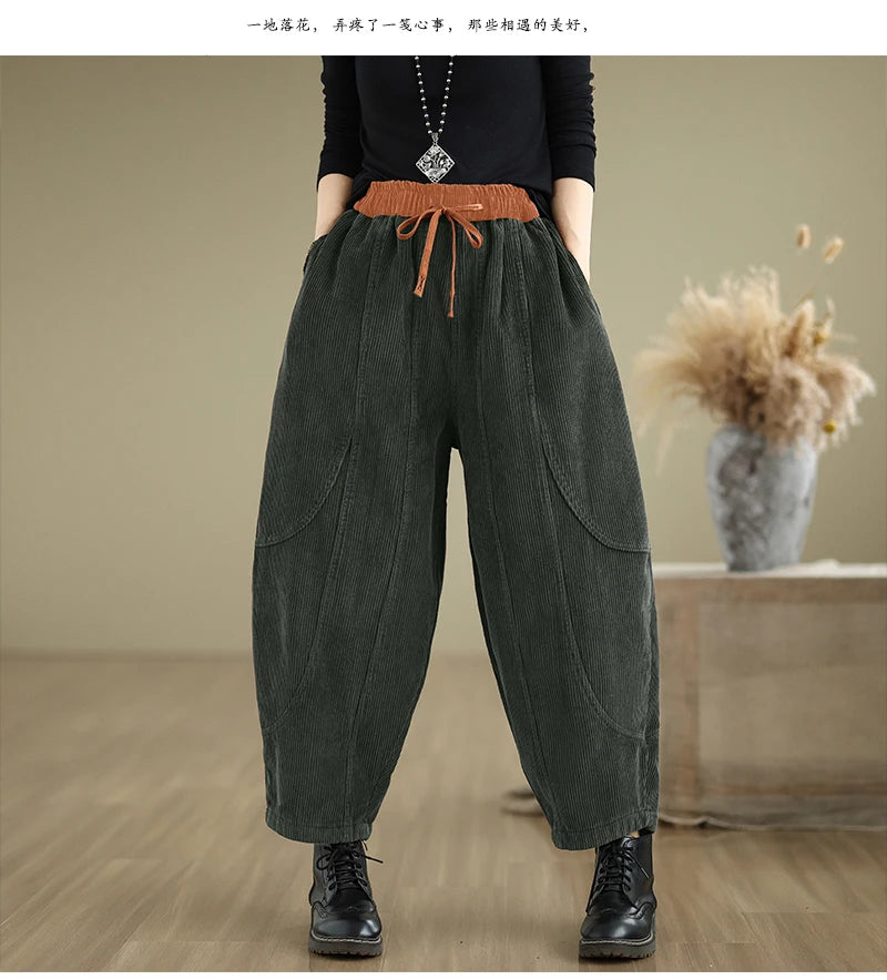 Oversized Corduroy Autumn Winter Elastic High Waist Harem Pant Women Casual Modis Ladies Trousers Pleated Loose Woman Harem Pant