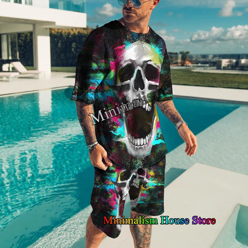 Summer Clothes For Men Vintage Tshirt Shorts 2 Pieces Set Men's Oversized Tracksuit Skull 3D Print Street Men Sets Short Outfits