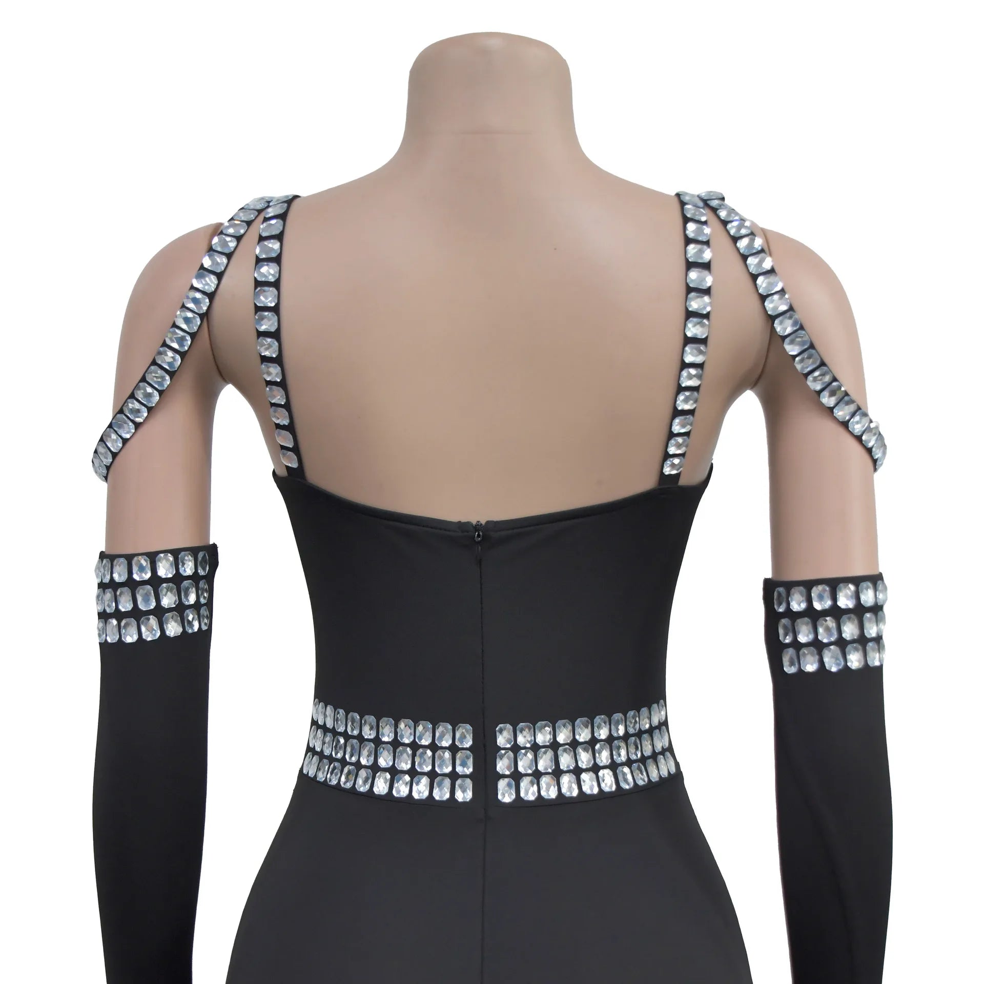 CM.YAYA Women Diamonds Hot Rhinestones Sexy Strap Long Sleeve Jumpsuits Streetwear Club One Piece Overall Rompers with Gloves