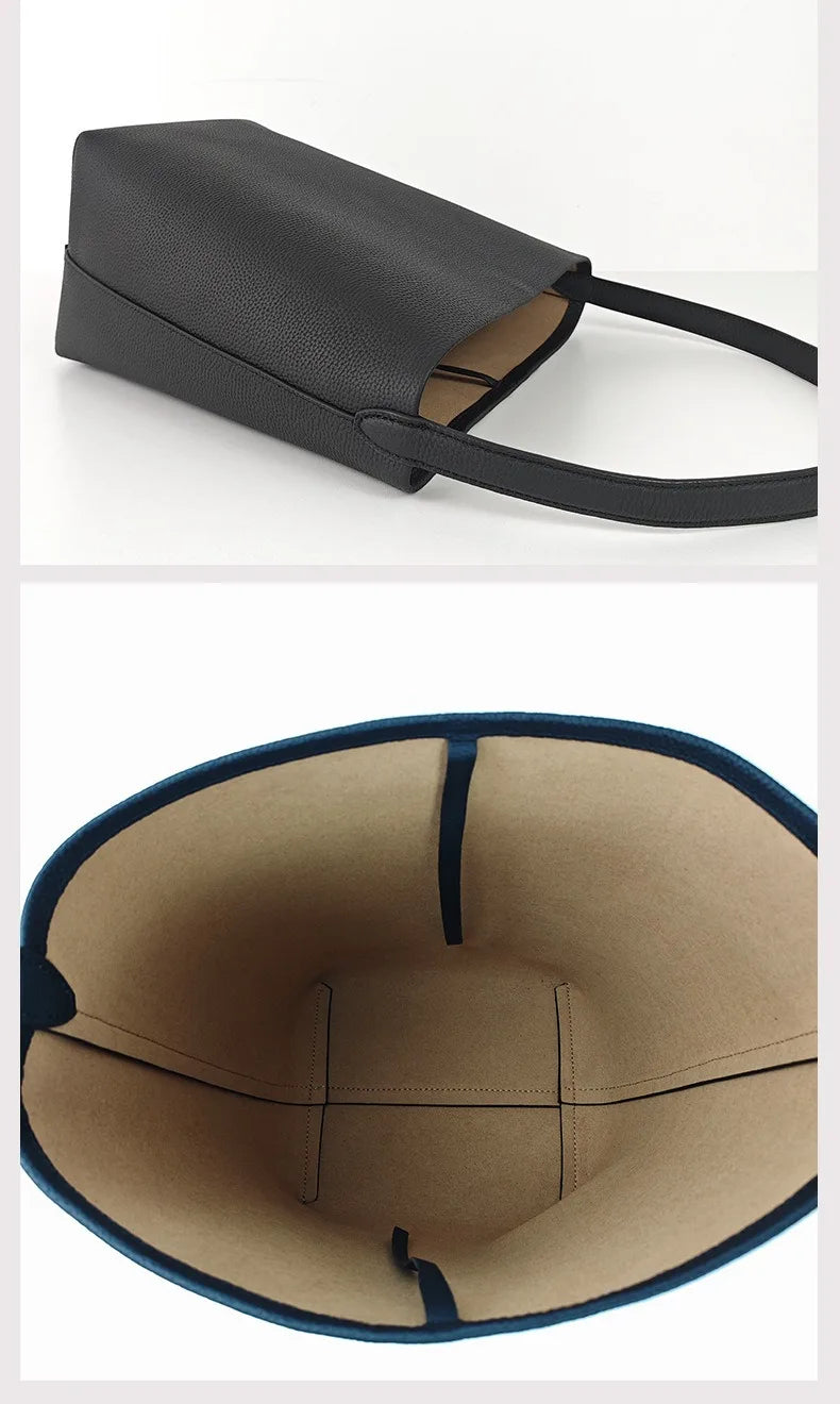 2025 New Leather Large Capacity Bucket Bag, Lychee Pattern, Cowhide, Commuting Tote Bag, Shoulder Bag, Hand-held Women's Bag