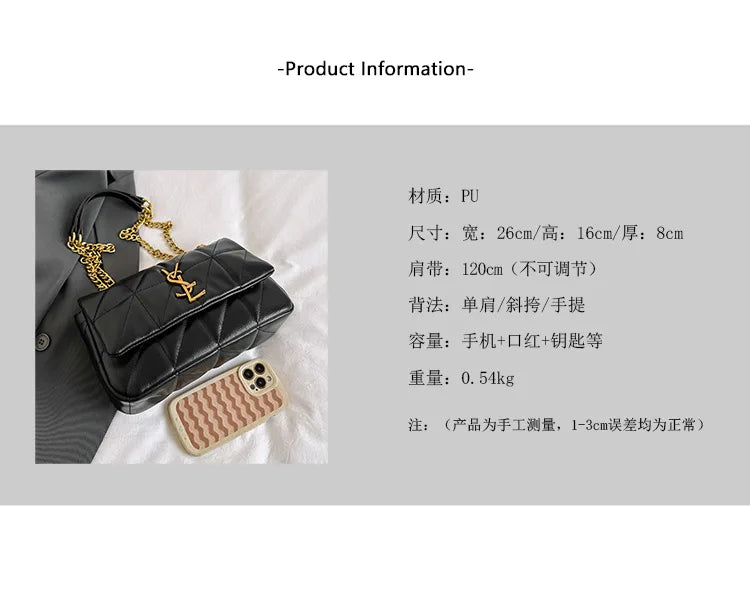 New style small Chanel-style diamond chain shoulder bag, trendy and versatile, spacious and luxurious embroidery line bag
