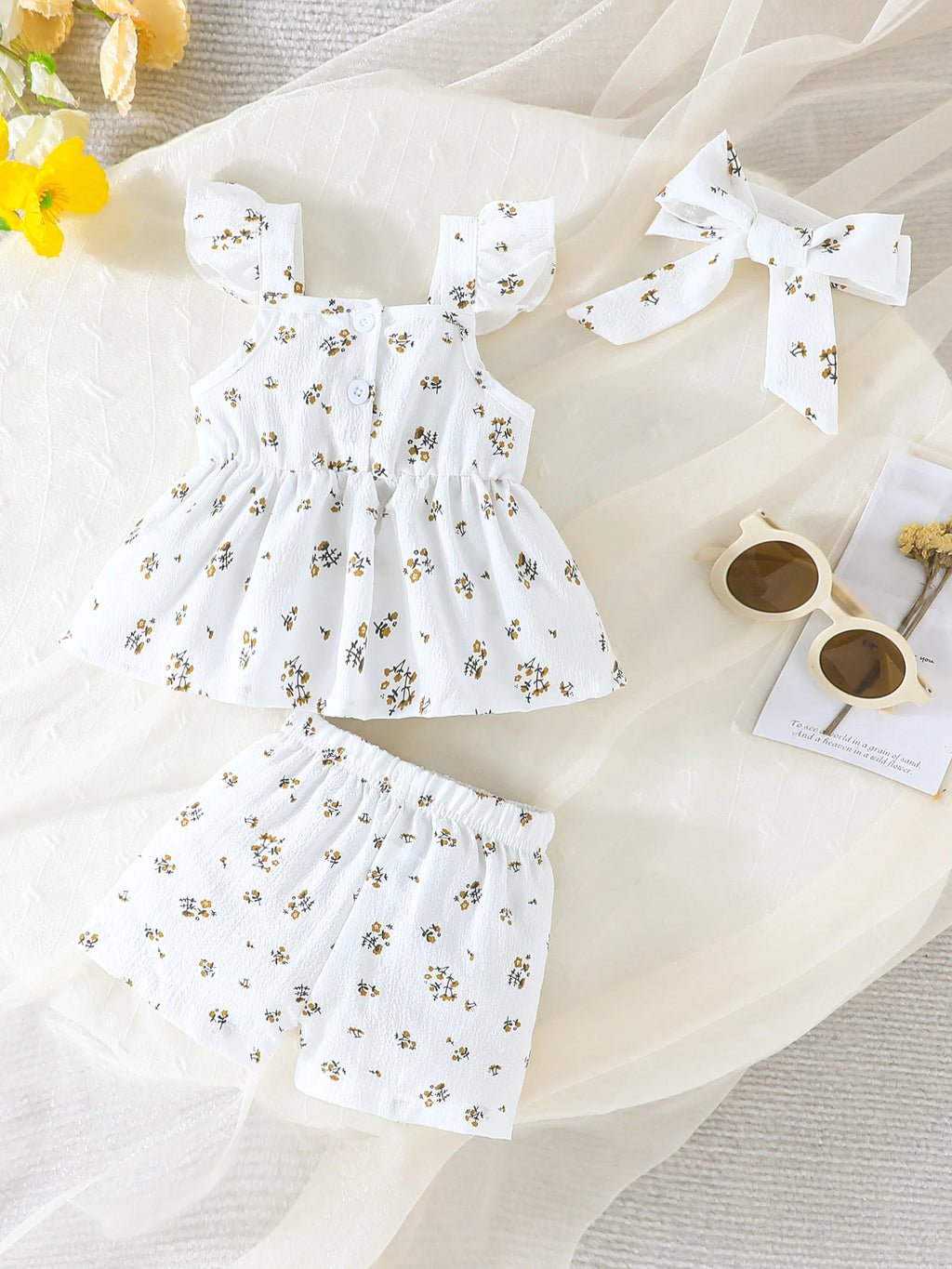 Sweet Girl's Clothing Set - Sleeveless Ruffled - shoulder Blouse with Floral Motifs, Matching Floral - print Shorts, and a Coord