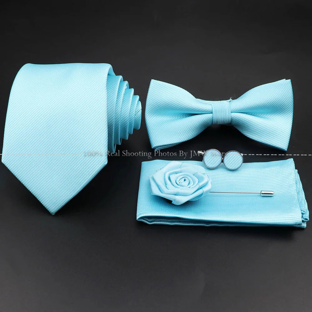 Hot Sale Red Blue Tie Set Polyester Slim Striped Necktie Bowtie Cufflink Brooch For Groom Suit Wedding Cravat Shirt Accessory