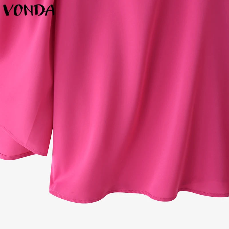VONDA Plus Size Fashion Blouse Women Elegant OL Shirts Casual Hollow Out V Neck Solid Color Tunic Tops 3/4 Sleeve Blusas 5XL