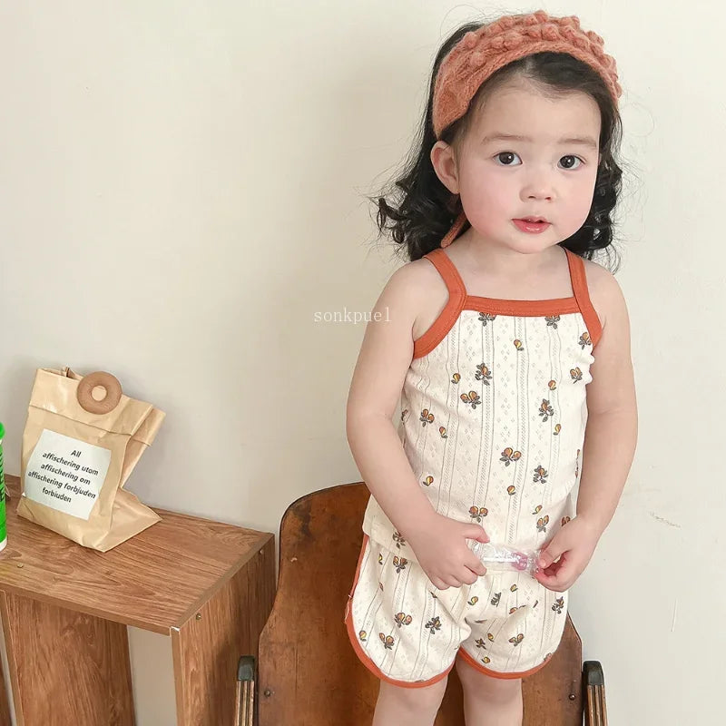 2024 Summer New Baby Sleeveless Tops And Tight Waist Shorts 2 Pieces Suit Girls Square Collar Clothing Set Kids Cotton Clothes