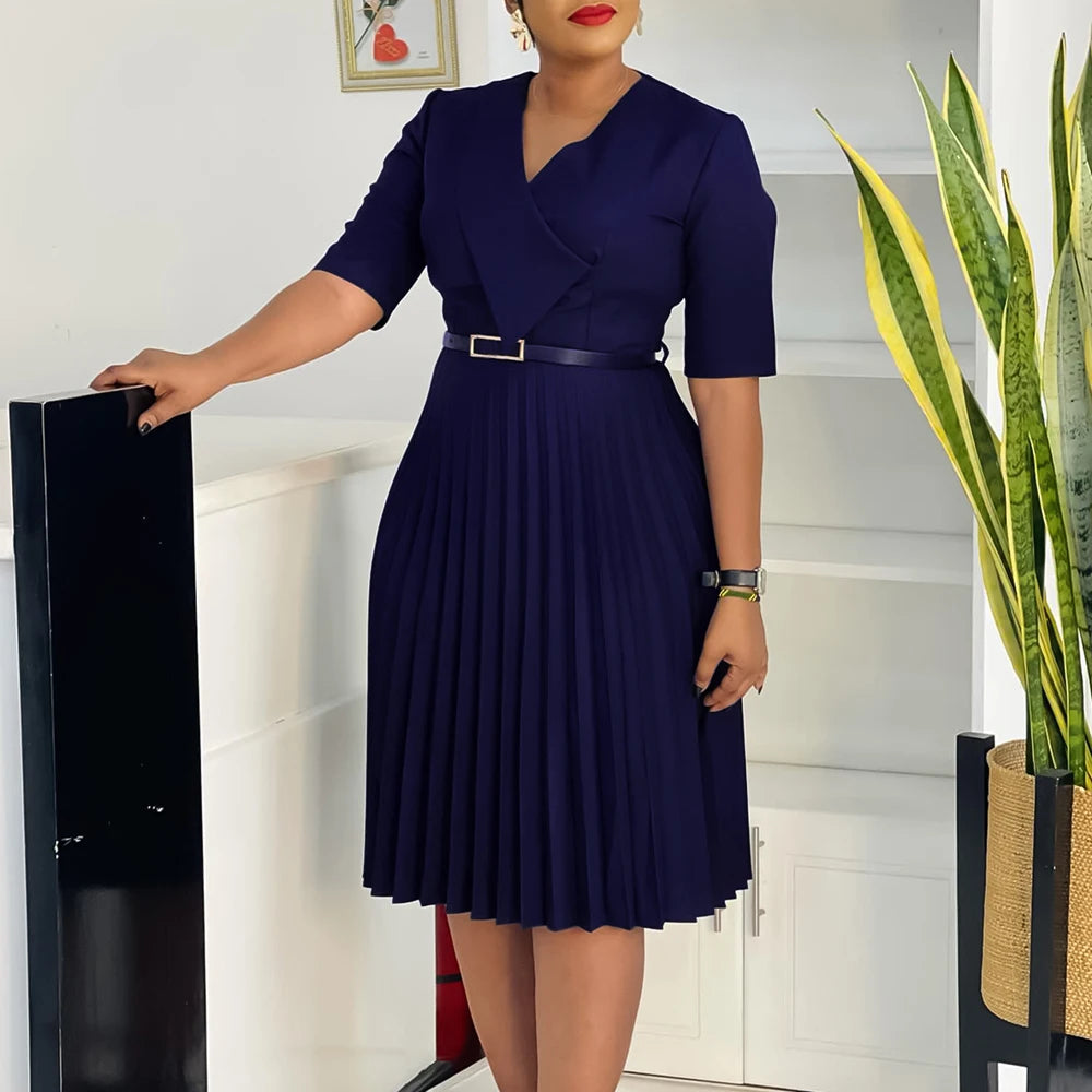 Church Dresses for Women Elegant V Neck Half Sleeves Pleated A-Line Midi Dress Female Classy Modest African Summer Fashion Gowns