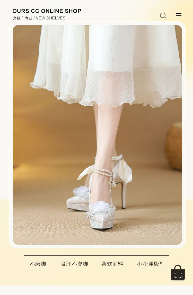High heels, women's wedding shoes, Hexiu, two pairs of thick heels, beautiful ankle rings, pearl straps, bridal shoes