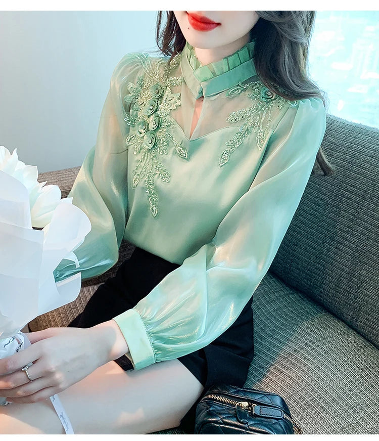 H Han Queen Elegant  Autumn Shirt Embroidery Beads Chiffon Simple Office Blouse Loose Tops Long Sleeve Casual Blouses Women