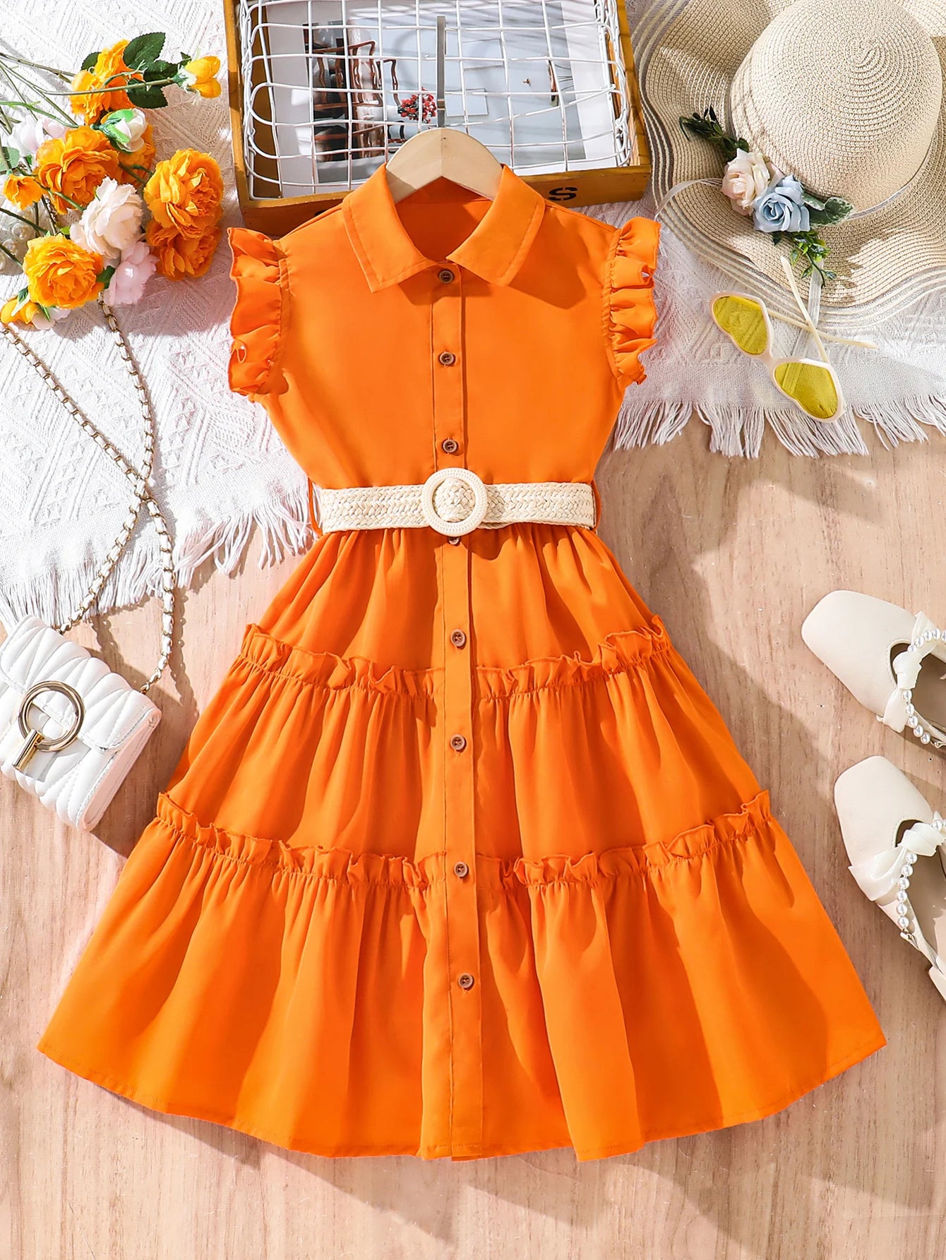 Girls' Sunset Orange Dress 2025 Summer New  Breathable Linen Blend with Woven Belt - Trendy Outdoor Kids Fashion