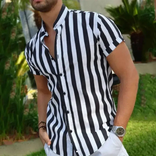 Summer casual new men's shirts, fashionable striped short-sleeved T-shirts, stand-up collar, versatile and trendy men's clothing