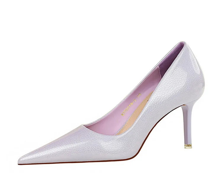 BIGTREE Elegant Simple Woman Heels Slim Heels High Heels Shallow Mouth Pointed Crystal Patent Leather Single Shoes  Women Shoes