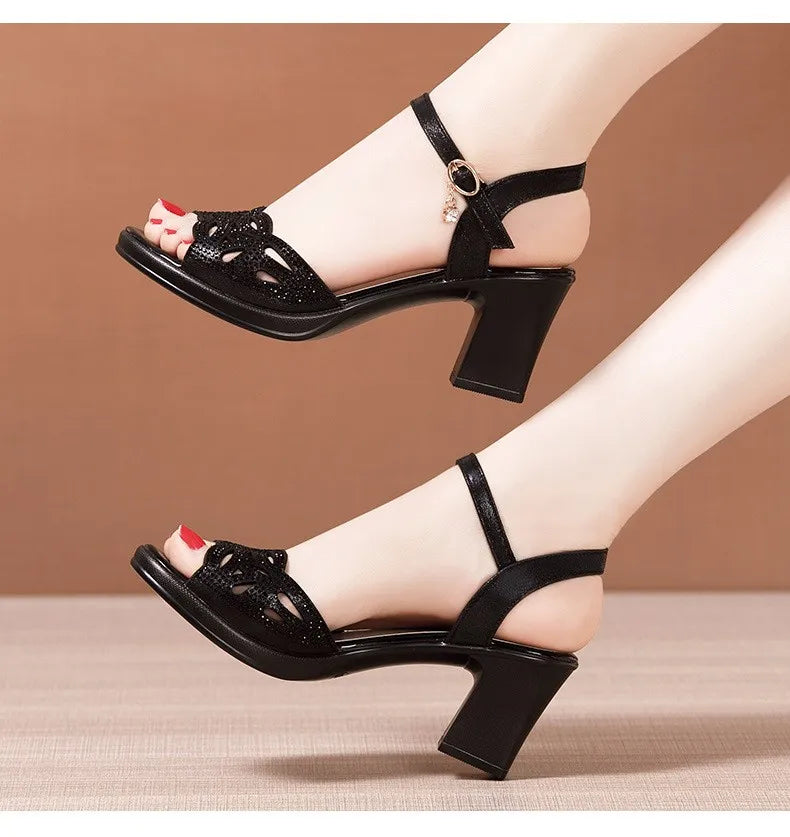 Small Size 32-43 Elegant Rhinestone Black Office Work Mom Shoes Women's Platform Sandals 2025 Summer Med Block Heels Sandals