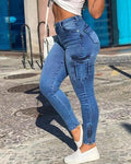 Women's Chic Denim Trousers 2024 Spring Summer Latest Button Pocket Design Casual Jeans High Waist Skinny Daily Versatile Pants