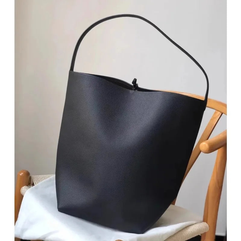 2025 New Leather Large Capacity Bucket Bag, Lychee Pattern, Cowhide, Commuting Tote Bag, Shoulder Bag, Hand-held Women's Bag