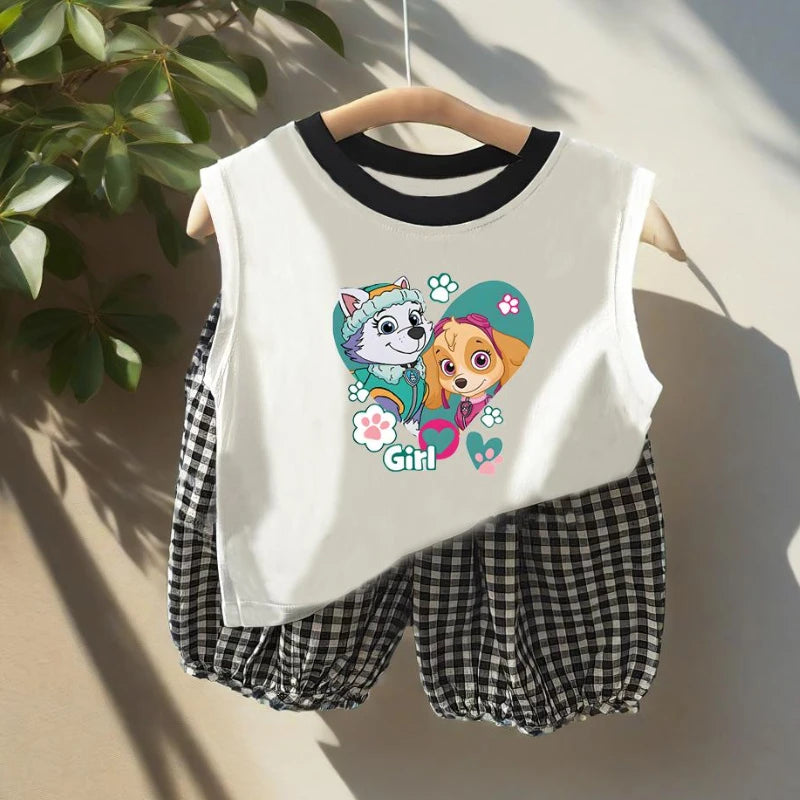 Summer Children Sleeveless Vest and Plaid Shorts 2pcs Sets PAW Patrol Boys Breathable Outfits Baby Girls Casual Clothes  Suit