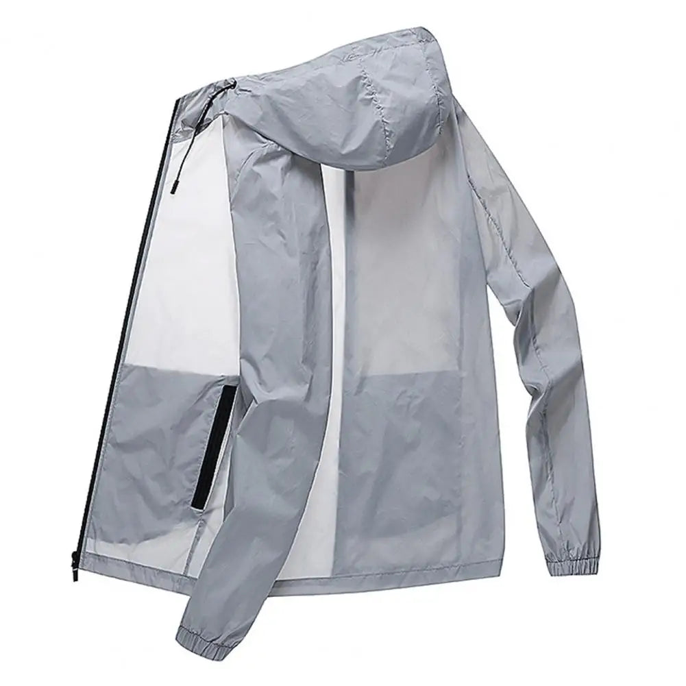 Men Summer Sunscreen Coat Hooded Thin Anti-UV Zipper Closure Solid Color Sunshade Long Sleeves Plus Size Fishing Men Summer Jack