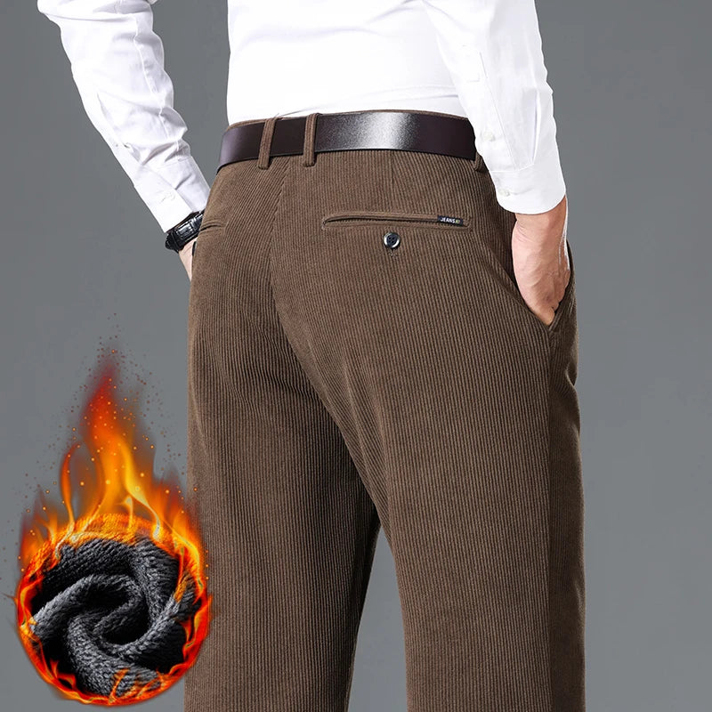 Winter New Corduroy Thick Pants Men's Fleece Fashion Business Straight Trousers Brand Comfortable Velvet Warm Plush Loose Pants