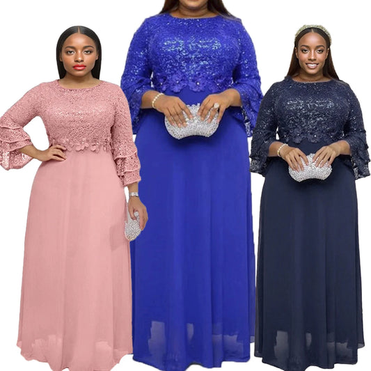 Muslim African Clothes Dresses Elegant Fashion Sequins Lace Ruffle Sleeve Clothing Evening Party Gown Women Plus Size Dresses