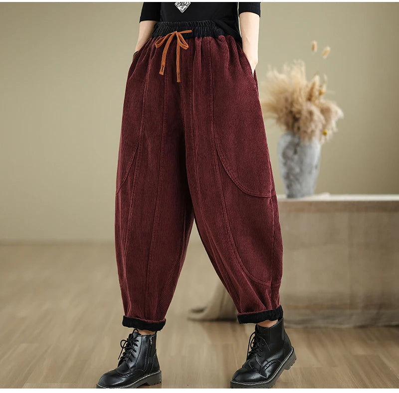 Oversized Corduroy Autumn Winter Elastic High Waist Harem Pant Women Casual Modis Ladies Trousers Pleated Loose Woman Harem Pant