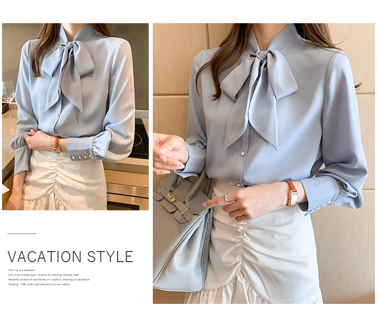 H Han Queen New Arrival Shirt Womens Blouse Vintage Work Casual Tops Chiffon Blouse Bow Elegant Loose Women Business Shirts 2021